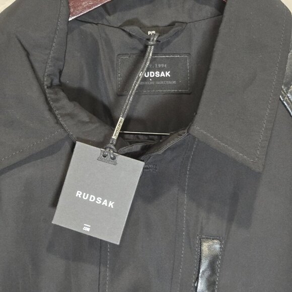 RUDSAK NWT Men's THERON Black Trench Coat with Leather Trim 5117487 Size S - Picture 2 of 12